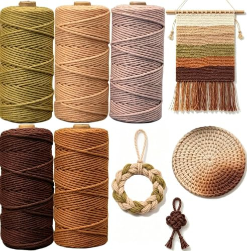 5 Stück Makramee Garn 3mmx50m, BetterJonny Baumwoll Bastelschnur Makramee Baumwollgarn 3mm Baumwollkordel Natur Bunte Baumwoll-Bastelschnur für Basteln Stricken Aufhängen DIY Handwerk-Brauntöne
