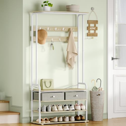 Hzuaneri Garderobenständer mit 2 Schubladen aus Stoff, Eichenfarben-Weiß | Garderobe mit Schuhregal, 9 Haken, Freistehender Kleiderständer für Flur, Eingang, Schlafzimmer, 30 x 80 x 180 cm, HT20116W