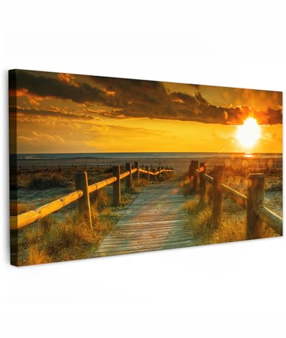 MuchoWow© Leinwand Bilder XXL Wanddeko Groß Wohnzimmer Aesthetic Room Decor | 100x50 cm - Deko Zimmer Wandbilder Modern Panorama Großes Wandbild Sonne - Strand - Düne - Horizont - Gras - Weg - Orange
