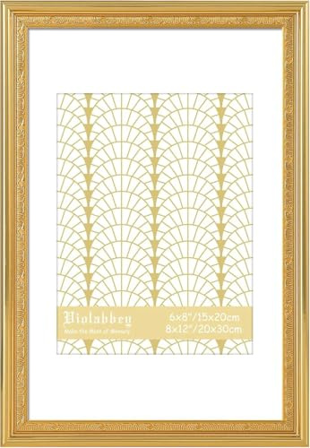 VIOLABBEY 20x30 cm Bilderrahmen Golden, Für 15x20 cm Fotos mit Passepartout | Prächtiger Vintage-Rahmen, Wanddekoration oder Tischaufsteller