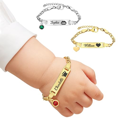 UIDMEN Personalisiertes Baby-Armband 18K Goldbeschichtet mit Name und Geburtsstein, Verstellbare Länge - Geschenk zur Geburt, Taufe für Neugeborene und Eltern