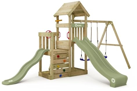 Wickey Spielturm Skyflyer 120 & 90 mit pastellgrüner Rutsche und pastellgrüner Plane - Doppelschaukel Spielgerät für den Garten