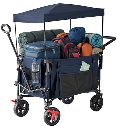 Relaxdays Bollerwagen, faltbar, 150 kg, Dach, Teleskop- & Schiebegriff, Gummireifen mit Bremse, Transportwagen, blau