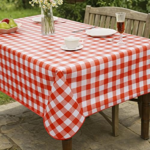 FIBORIA Outdoor Wachstuchtischdecke rechteckig 140x180 cm Rot-Weiß kariert mit Saum, wasserdicht, abwaschbar und abwischbar, Tischdecke für Balkon, Terrasse, Garten im französischen Landhausstil
