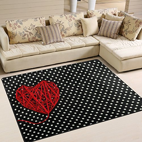 Use7 Valentinstags-Teppich mit roten Herzen und weißen Punkten für Wohnzimmer, Schlafzimmer, 160 x 122 cm