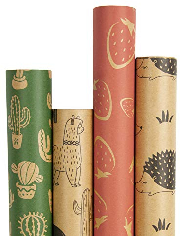 RUSPEPA Kraft Geschenkpapierrolle - Cactus/Strawberry/Alpaca/Hedgehog Printed Ideal Für Glückwünsche, Urlaub Und Besondere Anlässe Geschenke - 4 Rollen - 76 X 305 cm Pro Rolle