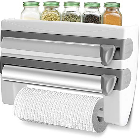 Wandrollenhalter mit Regal Küchenrollenhalter mit Folienschneider Papierrollenhalter für Küchenrolle Alufolie Frischhaltefolie Papierhandtuchhalter Halterung Küchenwerkzeug (Grau)
