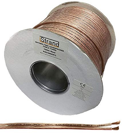 iStrand Premium 14 AWG 2 x 183 Strand OFC Speaker Cable/Wire - Clear Transparent Outer Jacket with Red Polarity Marker – Outer Dimensions of Cable 8mm x 4mm (100m, 14 AWG)