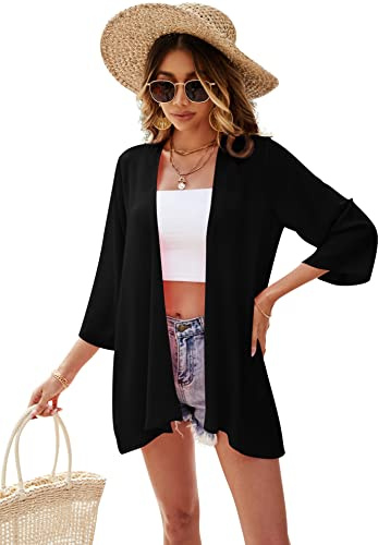 Ietaoo Gilet Long Femme Été Kimono Cardigan Mousseline de Soie Cardigan de Plage Bohème 3/4 Manches Léger Cache-Maillots Plage Veste Solid Noir XXL