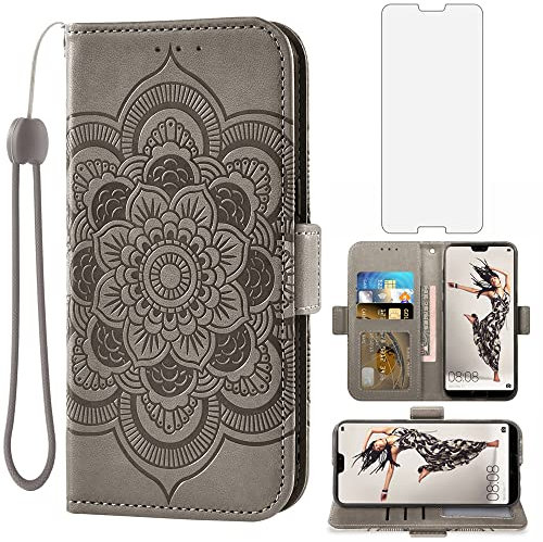 Asuwish Funda para Huawei P20 Pro con Cristal Templado Protector Pantalla Vidrio Pelicula Protectora Libro Cuero Piel Tarjetero Soporte Hawaii P 20 20Pro CLT-L29 CLT-L09 Tapa Carcasa Capa Case Gris