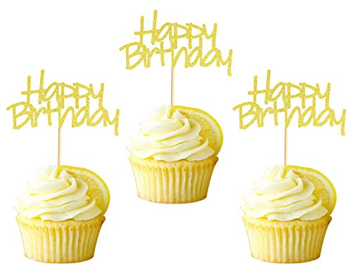 Arthsdite 24pcs Happy Birthday Cupcake Toppers Pre-Assembled Gold Glitter Cake Food Fruit Picks for Celebrating Birthday Party Decoration Supplies
