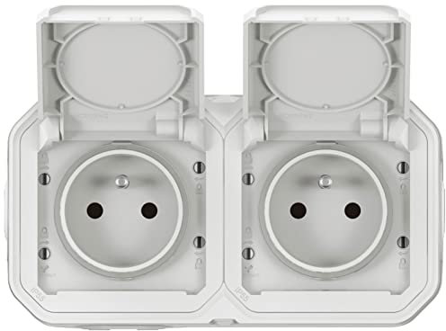LEGRAND - Prise Etanche Double IP55 avec Terre Plexo - Prise 2P+T 16A Complète avec Volet - Pour Pose en Apparent - Montage Horizontal - Fabriqué En France - Blanc