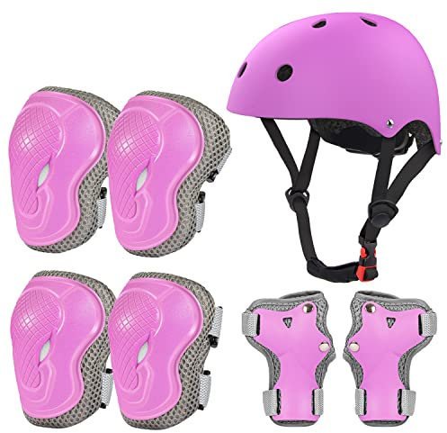 LANOVAGEAR Fahrradhelm Kinder Schonerset mit Skaterhelm Protektoren Schützer Inliner Schutzausrüstung Kinder Knieschoner Set mit Helm 2-10 Jahre für Fahrrad Skateboard Rollschuh (XS, Violett)