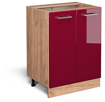 Vicco Mueble bajo de Cocina R-Line, Rojo Burdeos Alto Brillo/Roble Dorado, 60 cm sin encimera