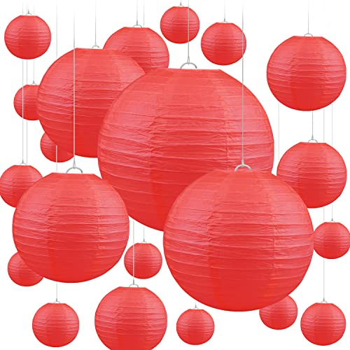 Jangostor 20 Stück Rot Papierlaternen Runde Papierlaternen Hängende Papierlaternen, 15 cm, 20 cm, 25 cm, 30 cm Verschiedene Größen Llaterne lampenschirm für Hochzeit Geburtstag Feiern Garten