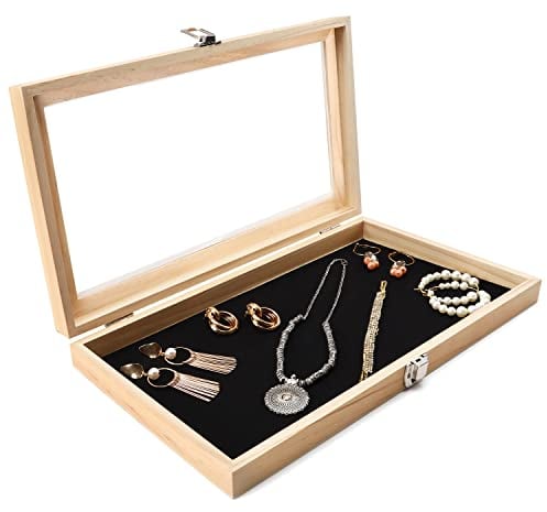 BELLE VOUS Naturholz Jewelry Organizer mit Durchsichtigem Acryldeckel - B38 x L21,5 cm - Organizer Schmuck Kasten für Ringe & Ohrringe Aufbewahrung, Medaillen & Ketten Aufbewahrung