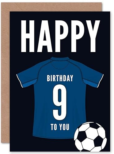 Artery8 Soccer Football 9th Birthday Card for Boys Girls Dark Blue Jersey Football Top on Dark Blue Background