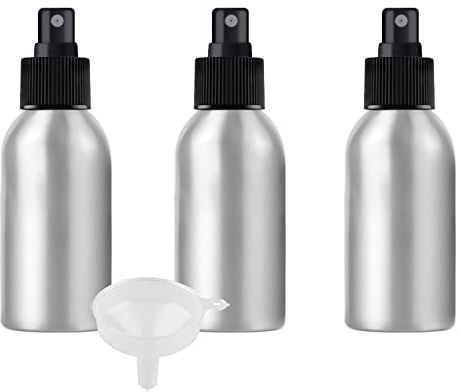 PQPAUTY 3 Pcs 100ml Empty Silver Aluminium Fine Mist Spray Bottle with Black Spray Nozzles Refillable Travel Alu Bottles for Body Sprays, Room Fragrances, Perfumes, Hair, Garden, Funnel