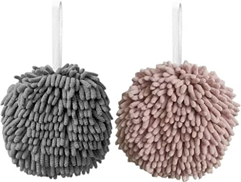 Ivymei Lot de 2 essuie-mains en microfibre chenille, doux et absorbants, avec boucle, gris et rose