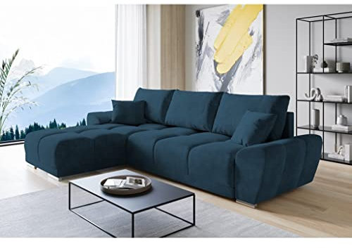 ML Furniture Velvet Ecksofa in L-Form – Blau Sofa – Couch mit Stauraum und Kissen - Ausziehbares Schlafsofa – Sofa mit Schlaffunktion - Schlafsofa mit Bettkasten – Gästebett – 289 x 189 cm