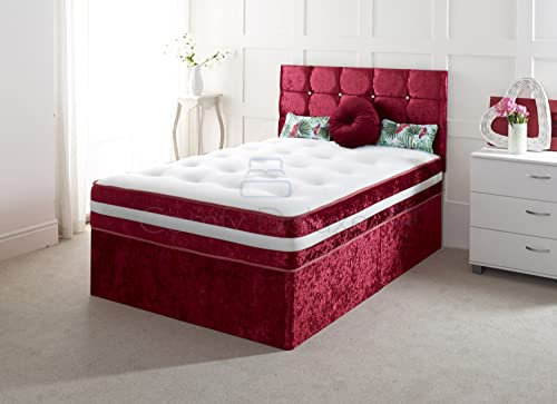 Comfy Deluxe LTD Crushed Velvet Divan Bed with Mattress Headboard and Storage Drawers (Red, 4FT6 (Double) - 2 Drawers Foot End)