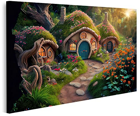 islandburner Bild auf Leinwand Hobbit Häuser Fantasy Wald Märchen Haus Bedecktes Gras Magisches Holz Sonnenunte Bilder Wandbilder Poster IUXN-1P