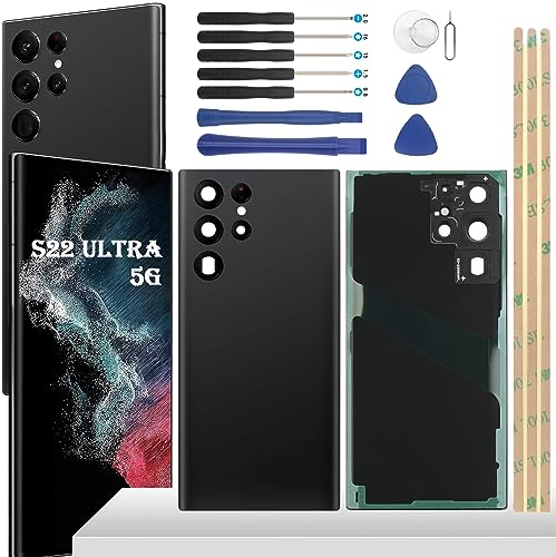 YHX-OU 6.8'' Akkudeckel für Samsung Galaxy S22 Ultra 5G Rückseite Glas Backcover Back Glas Ersatz Reparatur Rückseite Set mit Kameraobjektiv + Werkzeug(Schwarz)