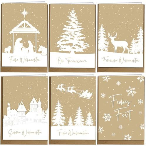 COLOFALLA 6 Stücke Weihnachtskarten mit Umschlag Set A6 Karten Weihnachten Grußkarten Tannenbaum Weihnachtsbaum Schneeflocken Schneelandschaft Hirsche für Frohe Weihnachten