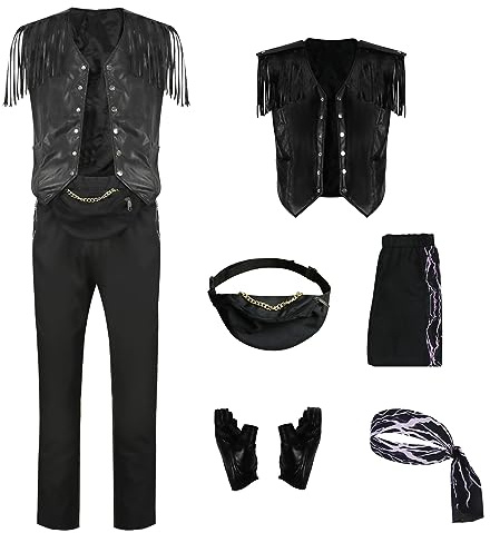 AYYOHON Chaleco de cuero con flecos para hombre, chaleco vaquero sin mangas, chaqueta, pantalones, bandana, guantes, riñonera, conjunto de ropa exterior con borlas para adultos, talla 3XL