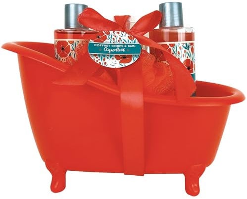 French Tendance - Coffret Bain Coquelicot - Gel Douche 210ml, Bain Moussant 90 ml, Gommage, Savon, Fleur de Massage - Cadeau Femme Beauté, Soin Corps - Kit Cocooning Baignoire Vintage