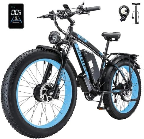Kinsella KETELES K800 dual motor 26-inch fat tire mountain electric bike 48V 23AH battery, 4 color options, 21 speeds, color display,Hydraulic brakes, UK Warehouse (black&blue)