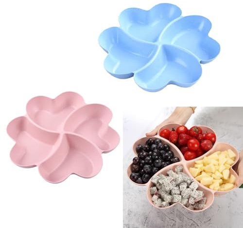 XUEHOU Piatti Snack con Scomparti Ciotola Snack a Forma di Cuore Ciotola per Dolci Confezione 2 pezzi Vassoio Snack 4 Scomparti Piatto Frutta Riutilizzabile Rosa e Azzurro per Noci