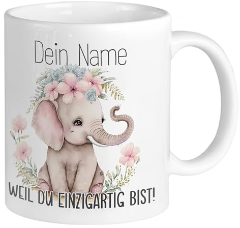 GRAZDesign Personalisierte Tasse Elefant mit Name Weil Du einzigartig bist Kindertasse Namenstasse Kaffeebecher für Frauen Mädchen, Keramik 330ml