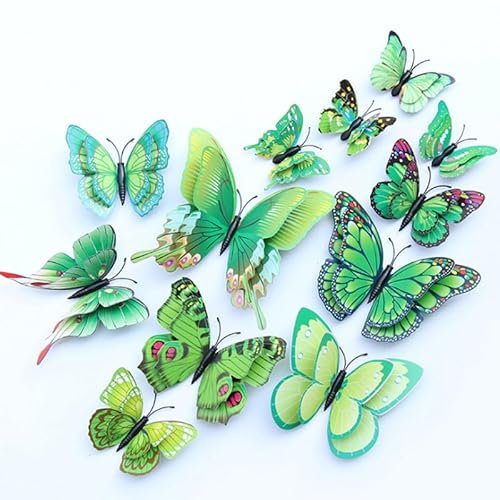 Lohill 36 Stück 3D Schmetterling Wanddeko - Butterfly Wandsticker, Wandtatoo, Balkon Deko - Simulation Kunststoff, Kühlschrankaufkleber (Grün)
