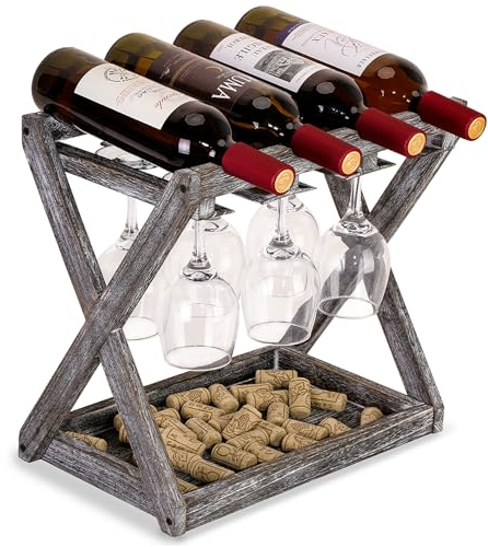 WDSHIYI Estante de vino de madera para 4 botellas y 6 soportes para copas de vasos, estantes de vino de encimera con soporte de vidrio para cocina, sala de estar, bodega, color negro rústico