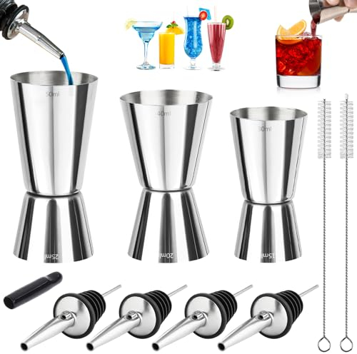 3 Pièces Doseur Cocktail 3cl 4cl 5cl, Double Tasse à Mesurer Doseur Alcool en Acier Inoxydable avec 4 Verseur Bouteille & 2 Pinceaux, Verre Doseur Cocktail Jigger pour Cuisine Bar Vin Gin Fête