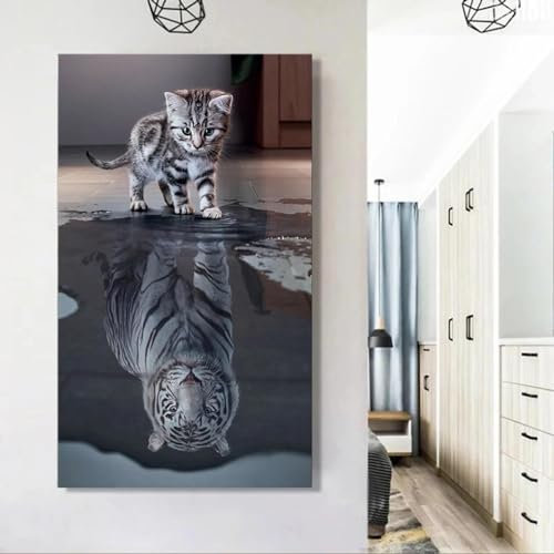 Kreative Malerei Kunst süße Katze Reflexion Tiger im Wasser Poster Drucke Leinwand Wandkunst Bilder für Wohnzimmer Dekor 40 x 70 cm (16 x 28 Zoll) rahmenlos