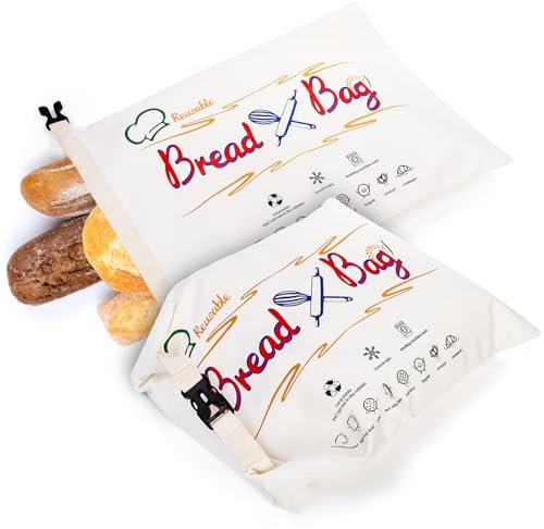 Suwimut 2 Pack Bread Bags, Reusable Cotton Linen Bread Freezer Storage Bag to Keep Bread Fresh, 42×30.5 cm / 16.5 x 12 Inch Large Bread Container with Inner Lining for Sourdough Loaf