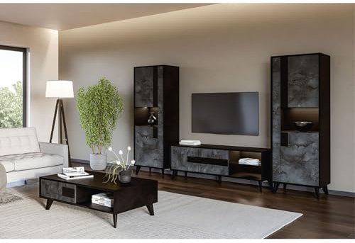 AltoBuy Seattle - Ensemble Salon Complet Noir et Effet Métal Oxydé Meuble TV et Colonnes avec LEDs + Table Basse
