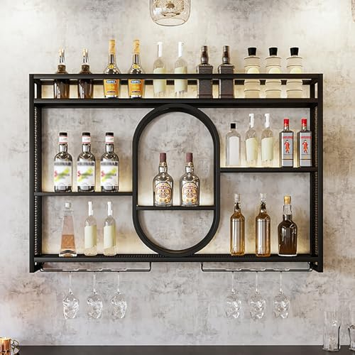 Weinregal Zur Wandmontage, Flaschenhalter Aus Metall Zum Aufhängen Mit Weinglashalter, Weinpareite Display Rack, Multifunktionales Aufbewahrungsregal, Für Bar, Restaurants, Küche(Black,120x15x80cm)