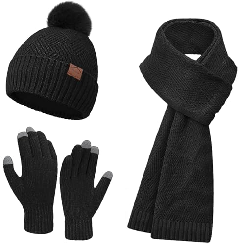 Yutdeng Mütze, Schal & Handschuh-Sets für Damen Warm Bommelmütze Winter Beanie Mütze Gefüttert Fleece und Langer Strickschal Handschuhe Touchscreen Mützen Set Damen Winterset 3 Teilig,Schwarz