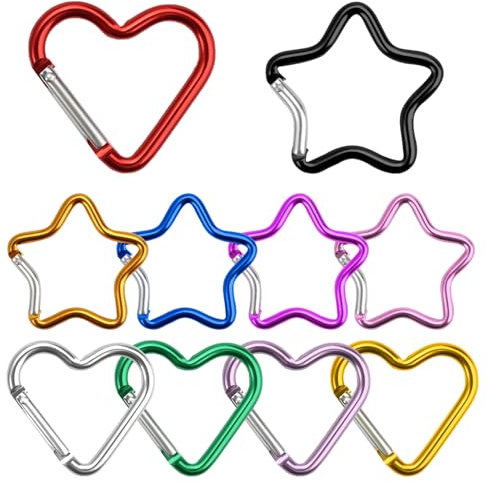 10 Stück Karabiner Stern und Herz - Aluminiumtüllen Mit Schnappverschluss für Schlüsselanhänger, Camping, Angeln, Berge, Besteigen, Wandern, Reisen