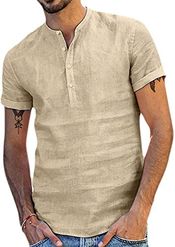 CHDWEY Mens Short Sleeved New Summer Men Solid Color Linen Cotton Shirt Male Short Sleeve Casual Shirts for Men Comfortable Loose Tops Streetwear(Khaki,M)