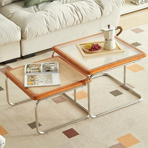 Lot de 2 tables basses gigognes en verre et rotin - Table d'appoint moderne - Table de nuit en noir et orange pour chambre à coucher et salle à manger