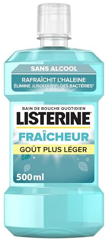 Listerine – Bain de Bouche Fraîcheur Goût Plus Léger 0% Alcool (bouteille de 500 ml) – Soin bucco-dentaire quotidien – Bain de bouche sans alcool pour une haleine fraîche durable