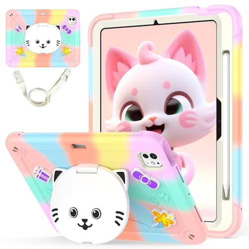 Funda infantil para iPad Pro de 11 pulgadas (M4) 2024 3D integrada con bonito soporte de gato blanco a prueba de golpes, ligera, apta para niños, con correa para el hombro, para iPad Pro 2024 de 11