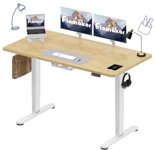 Flamaker Höhenverstellbarer Schreibtisch 140x70 cm,25MM Ganze Tischplatte mit Bürstenloser Motor,Stabiler Ergonomischer Steh Schreibtisch elektrisch höhenverstellbar mit Kabel Management Tray