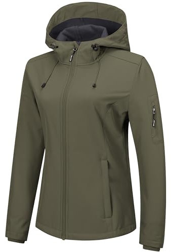 Outdoor Ventures Veste softshell imperméable et respirante pour femme - Veste demi-saison coupe-vent - Veste fonctionnelle avec capuche, Vert olive, M