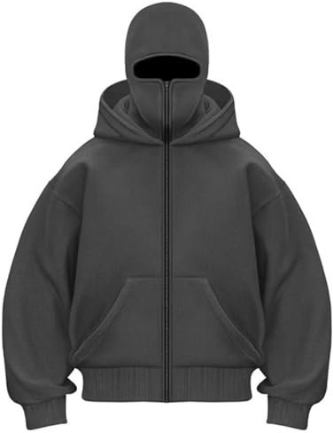 OLIPHEE Sweat à Capuche Homme Sweat Zippé Homme Veste Chaude Hoodie Homme Balaclava Cagoule Moto Masque Anti-Vent Sweat Homme pour Sports de Plein Air Cagoule de Vélo Automne Hiver Gris Foncé L