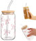 PWCTNT Trinkbecher mit Deckel und Strohhalm, 16 Oz Glas mit Deckel und Strohhalm, Rosa Schleife Glasbecher, Vielseitiges Trinkglas Für Bubble Tea, Kaffee Oder Cocktail